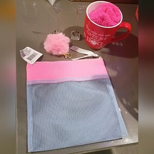 Pink & Light Blue Mesh Zip Pouch with Pom Pom Charm